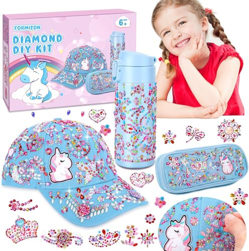 FORMIZON Geschenke für Mädchen, DIY Trinkflasche Baseballkappe Federtasche, Bastelsets Trinkflasche mit Einhorn Aufklebern, Geburtstag Geschenk Schulanfang für Mädchen 4 5 6 7 8 9 Jahre (Blau)