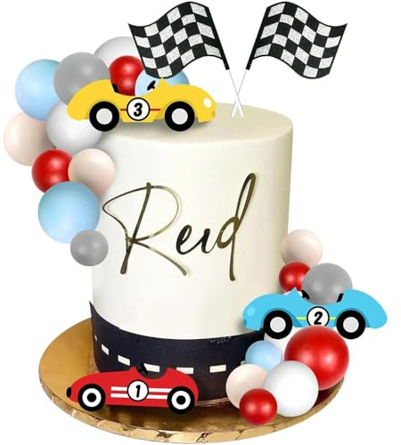 YGCHEN Rennwagen Tortendeko Geburtstag Kugel Kuchen Dekoration Auto Themed Geburtstag Deko Racing Car Kuchen Deko Flagge Cake Topper Kindergeburtstag Jungen 25 Stück
