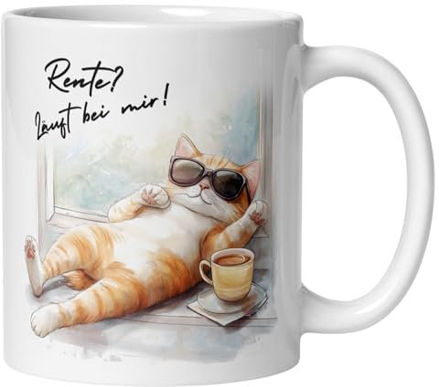 Tasse Rente Lustig Katze – Geschenkidee Ruhestand für Frauen Männer Kollegin – Lustige Tasse zum Rentenbeginn Abschied Pension Rentner Geschenk Katzenfreund Büro Arbeit