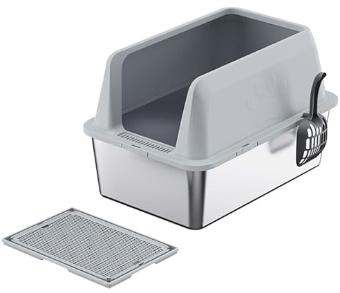 Edelstahl Katzentoilette XL (60x39x34CM) - Mit hohem Rand & leicht zu reinigen, geruchsreduzierend - Großformat Katzentoilette inkl. Schaufel & Matte