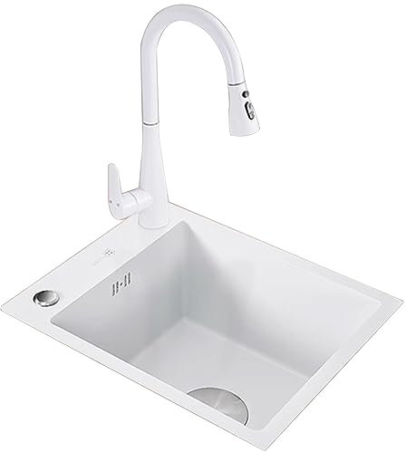 CCKUYT Fregadero de Cocina Blanco de Acero Inoxidable 304 para Apartamentos pequeños, Grifo extraíble Blanco, Accesorios completos