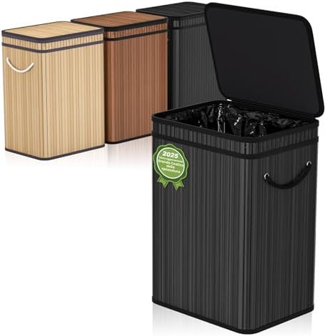 Mihoho Cubo de basura grande de 80 litros/21 galones con tapa, cubo de basura de bambú, cubo de basura para exteriores/cubo de basura para el hogar, oficina, baño, cocina 40X30X60 CM (negro)