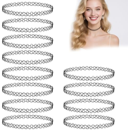HABNI Tattoo Kette 90Er 12-Teilig Choker Halskette Set Stretch Gummi Halsband Damen Elastisch Schwarz Standard