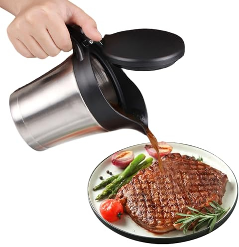 Premium Edelstahl Thermo Sauciere 750ML, Soßenspender Doppelwandig, Sauciere Mit Deckel, Thermo Edelstahl, Saucen Behälter Mit Henkel Für Servieren Von Soße, Vanillesoße, Sahne, Soße(Schwarz)