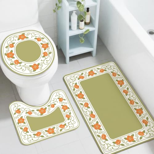 peacoblue 3-teiliges Badvorleger Set,Vintage Landhausblumen für Badezimmer | Badteppich Set mit WC Deckelbezug,Bathroom Rug Set Rutschfeste waschbare Matten für Bad, Schlafzimmer und Küche