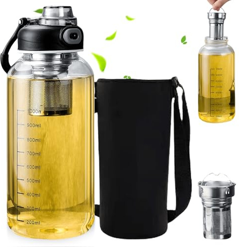 Gourde en verre de 1.5 l avec passoire et manchon - Bouteille d'eau en verre avec passoire en acier inoxydable - Bouteille à thé anti-fuite avec passoire à emporter - Réutilisable - Pour eau et