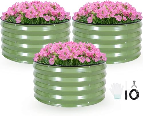 LATERN 3Pcs Round Raised Garden Bed, 60CM x 60CM x 30CM Galvanized Steel Planter Box Bottomless Metal Raised Bed for Outdoor Growing Plant Vegetable Flower Herb (with Installation Kit, Green)