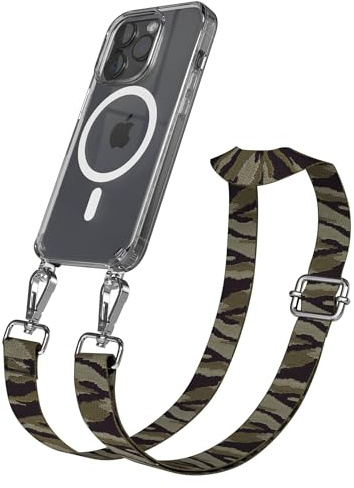 EAZY CASE Handykette - Verstellbares Taschenband kompatibel mit iPhone 15 Pro, Schulterriemen, Handykordel mit Silikon Hülle, Qi Charging kompatibel, Umhängetasche, Grün Camouflage Silber