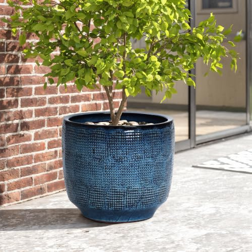 Hometopia Keramik Blumentopf groß & rund mit Ablaufloch, Ø 40 cm,Marineblau | Keramik, Frostsicher&Wetterfest, Massiver Pflanzkübel mit Drainage-Loch für Balkon&Garten,Terrasse,Wohnzimmer Ø40xH34 cm