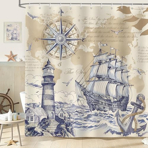hometrixx Retro Maritim Duschvorhang Segelboot Kompass Küste Anker 180x200 | Wasserdicht Polyester, Maschinenwaschbar, Badevorhänge mit 12 Ringe, Schimmelresistent Badezimmervorhang für Dusche Bad