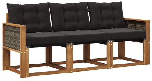vidaXL Outdoor-Sofagarnitur mit Kissen 3 pcs Natürlich und Schwarz, Gartenmöbel, strapazierfähiges Outdoor-Sofa, Loungeset für die Terrasse, Komfort beim Sitzen