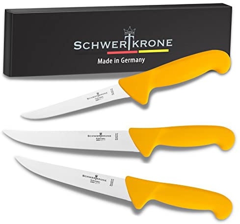 Schwertkrone Set di Coltelli da Macellaio, Lama Lucida, Acciaio Inox, Manico in Plastica Igienica - 3 Pezzi - Prodotto a Solingen, Germania
