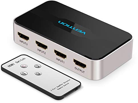 Vention Conmutador HDMI, conmutador divisor HDMI 3 entradas 1 salida HDMI Conmutador 3X1 con control remoto IR para XBOX 360 PS4/3 Smart Android HDTV 4K * 2K 3 puertos HDMI Adaptador