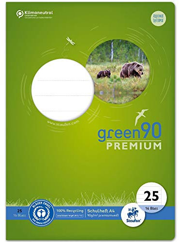 Staufen Green Heft - DIN A4, Lineatur 25 (liniert mit Rand), 16 Blatt, premiumweißes 90g/m² Recyclingpapier, runde Ecken verhindern „Eselsohren“, 4 verschiedene Motive (keine Auswahl möglich), 1 Stück