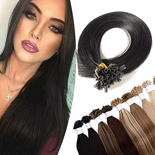 16 Keratin Pre Bonded Human Hair Extensions [0.5g*200 Strands] Nail U Tip 100% Remy Real Invisible Straight (#1 Jet Black,100g)
