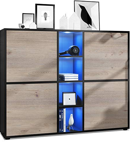 Vladon Highboard Cuba V3, Made in Germany, Schwarz matt/Eiche Nordic inkl. LED - Moderne Anrichte mit 12 Fächern (130,5 x 105,5 x 35,5 cm)