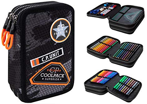 CoolPack 3-Fach B67152 Federmäppchen, 44-teilig, Motiv: Badges, Schwarz, Schwarz, Lässig