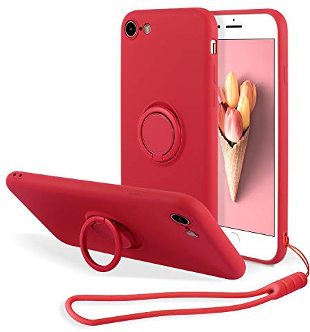 UEEBAI Case for iPhone 7/8/SE 2022 5G/SE 2020, Ultra Slim TPU Shockproof Liquid Silicone Case Ring Holder Kickstand Magnetic Car Mount Cover Wrist Strap for iPhone SE3/SE2 - Red