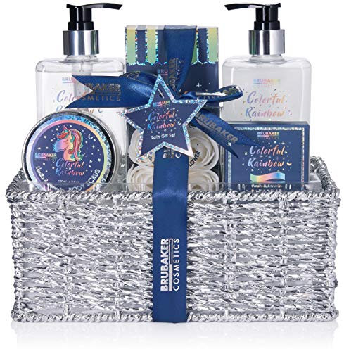 BRUBAKER Cosmetics 10-tlg. Einhorn Bade- und Dusch Set Colorful Rainbow - Geschenkset mit Vanille Lavendel Duft in Geschenkkorb Silber
