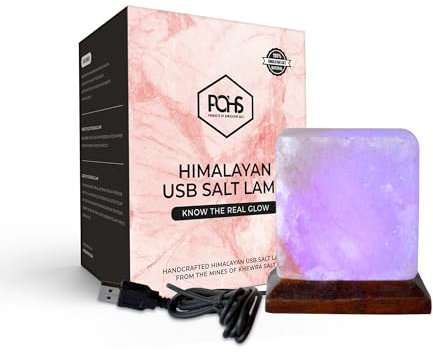 POHS USB Himalayan Mini Cube Salt Lamp, 7 Color Changing LED Bulb, Hand Crafted Crystal Rock Salt Night Light for Home Decor, Desk, and Gift | Premium Quality Wood Base and USB Cable