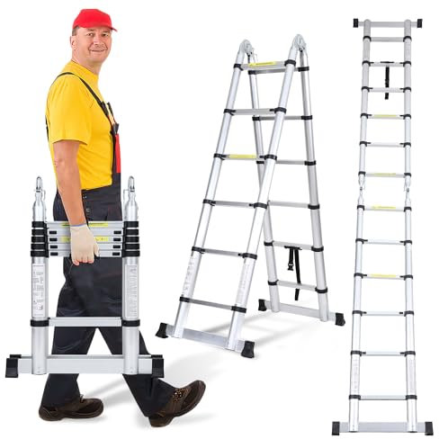 Cecaylie Scala telescopica in alluminio, 3,8 m (1,9 + 1,9 m), allungabile, antiscivolo, multifunzionale, portatile, portata massima 150 kg