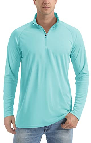 TACVASEN Sun Protection Shirt Men Sport Jogging T Shirt 1/4 Zip Long Sleeve Tops UV Protection Swimming T-Shirt Lake Blue