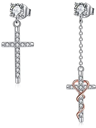 Kreuz Ohrringe mit Zirkonia Unregelmäßig Asymmetrisch Silber 925 Kreuz Anhänger hängend Tropfen Baumeln Ohrstecker Ohrringe Stecker Religiöser Christlicher Schmuck Geschenke für Damen und Herren