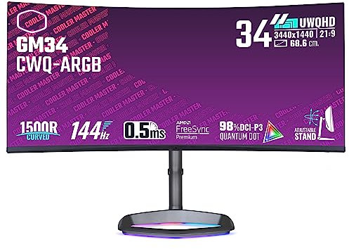 Cooler Master GM34-CWQA Gaming Monitor Curvo 34- 1500R UWQHD (3440x1440) 144Hz, 0,5ms MPRT, Pannello VA, FreeSync Premium, 98% DCI-P3 Quantum Dot, HDR 400, Supporto ARGB, DP 1.4, HDMI 2.0, USB Type-C
