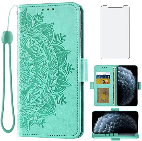 Asuwish Kompatibel mit iPhone 11 Pro 5.8 Wallet Case und Panzerglas Displayschutzfolie Kartenhalter Flip Handgelenkschlaufe Ständer Handyhülle für iPhone11pro iPhone11 i XI 11s 1pro Frauen Grün