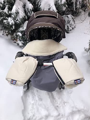 Handwärmer für Kinderwagen, warmer Handmuff mit Merinowolle Innenfutter, Universalgröße für Buggy, Jogger, Radanhänger (Beige Handschuhe)