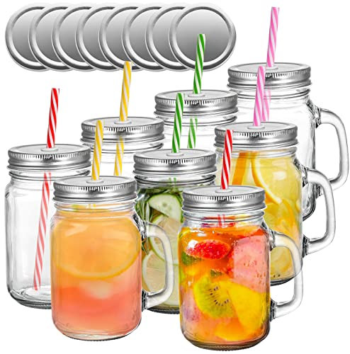 Tosnail 8 Pack 16oz Glass Mason Jar Mugs with Handle, 16 Pcs Tin Lids and 8 Pcs Plastic Straws, 480ml Old Fashioned Mason Jar Drinking Glasses, Clear Glass Cups for Party and Daily Use