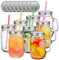 Tosnail 8 Pack 16oz Glass Mason Jar Mugs with Handle, 16 Pcs Tin Lids and 8 Pcs Plastic Straws, 480ml Old Fashioned Mason Jar Drinking Glasses, Clear Glass Cups for Party and Daily Use
