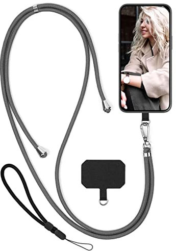 moex Unleash für Fairphone 4 Handyband zum Umhängen ohne Hülle, Handykette mit Karabiner, Handy Umhängeband abnehmbar, Band Kette mit Pad für Handyhülle, Grau, Silber