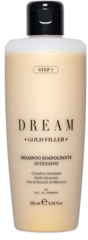 Dream Gold Filler Haarfüllendes Shampoo, Hairlifting-Behandlung mit hydrolisiertem Keratin und Hyaluronsäure, reinigt das Haar tief, geeignet für alle Haartypen, ohne Parabene, 250 ml