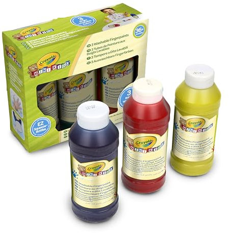 CRAYOLA - Mini Kids, 3 Gouaches pour peindre avec les doigts Lavables, Flacons de 236 ml, Couleurs primaires : bleu, jaune, rouge, âge 36 Mois et plus