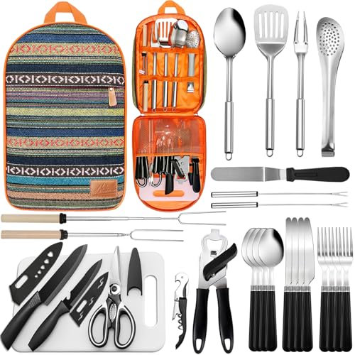 Juego de Utensilios de Cocina portátil para Camping, Kit de Utensilios de Cocina de 27 Piezas, de Acero Inoxidable, Organizador de Utensilios de Cocina y Parrilla para Exteriores