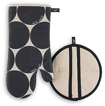 Kate Spade New York Joy Dot Oven Mitt & Pot Grabber 2-Pack Set, 7 x 13, 8 Round, Black/Beige