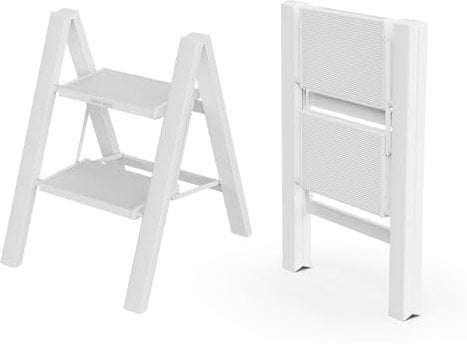 WOA WOA Step Ladder, Widen Pedals Foldable Step Stool, Lightweight Aluminum Ladder, Easy to Move Around, Anti-Slip Foot Stepladder for Household, Fold Thin & Space Save, 300 lbs Load (2 Step, White)