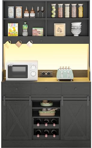 Armario de cocina, Armario Aparador Cocina con LED, Enchufes, Armario Buffet, Estante de vino extraíble, 3 Cajones, Estantes ajustables, Cocina, Sala de estar, Comedor, 103.5*40*180 cm, Negro