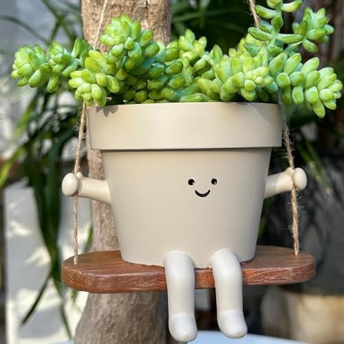 Scuyari Pot de Fleurs Suspendu avec tête de balançoire, Mignon, en résine, avec Trou de Drainage, pour Plantes Grasses, pour l'extérieur et l'intérieur - Décoration de Jardin