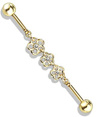 beyoutifulthings Industrial-Piercing Gold Blumen-Kette Zirkonia Clear Industrial-Barbell Industrial-Bar Chirurgenstahl Stab-länge 38-mm