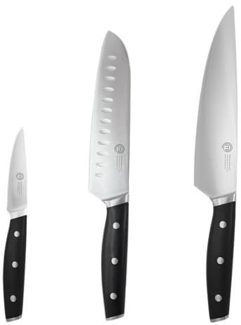 MasterChef Juego de Cuchillos de Cocina Profesional con Cuchillo Chef, Santoku y Tomatero en Inox con Alto Contenido en Carbono con Cabezales y Asas de Triple Remache, Espiga Llena, 3 Piezas