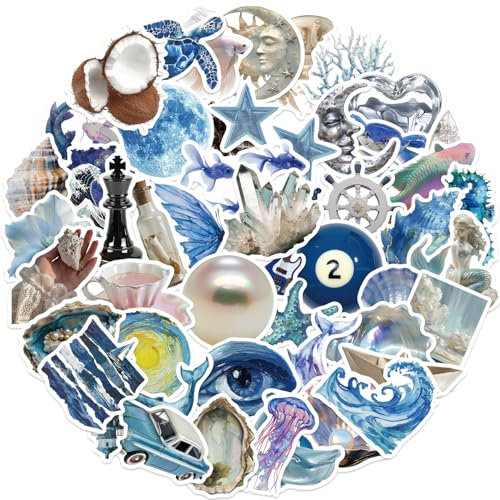 Affoto Ocean Stickers (50 PCS), Gift for Children Teens Adults Girl Boys, Waterproof Vinyl Stickers for Smooth Surface, Blue, Cartoon Style