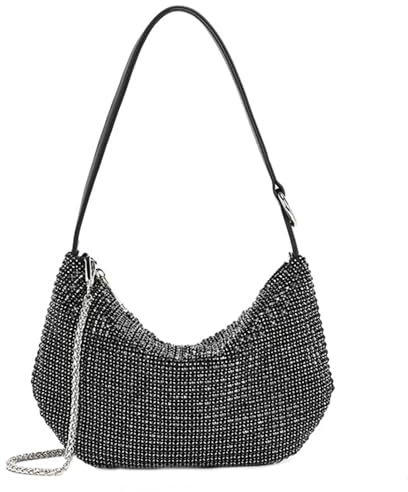 BABYVIVA Damentasche mit Kette, Schultertasche, Griff oben, Handtasche, Mond, Achseltasche, Kristall, Umhängetasche, Einkaufstasche, Dating-Tasche, Schwarz , 25*17*2cm