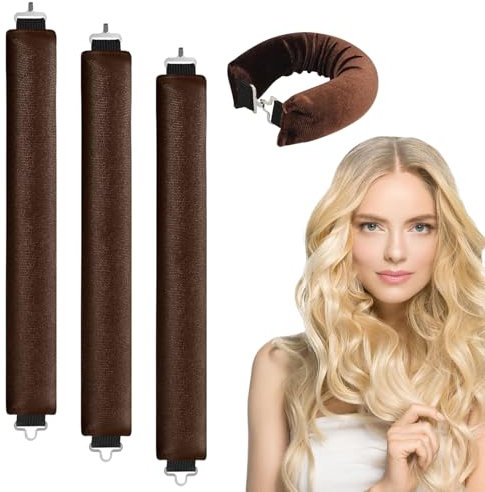 3 Stück Hitzefreie Lockenwickler, Overnight Curls, DIY Heatless Curls Band, Overnight Blowout Locken Ohne Hitze, Flexi Stangen mit Haken, Heatless Lockenstab für Alle Haartypen (Kaffeefarbe)