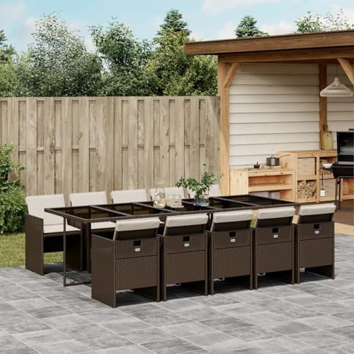 Homgoday 11-TLG. Garten-Essgruppe mit Kissen Gartenmöbel Set Gartenstuhl mit Tisch Balkonmöbel Sitzgruppe Essgruppe für 10 Personen für Garten, Terrasse, Balkon Braun Poly Rattan