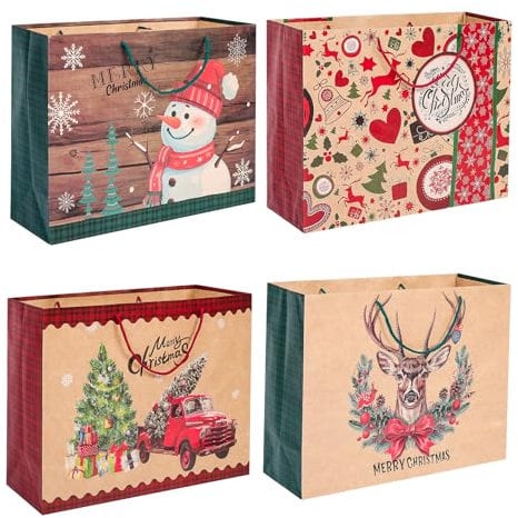 8 Stück Geschenktüten Weihnachten Groß, 50.8 * 38 * 18cm Weihnachtstüten mit Griffen,Geschenkverpackung Tüten aus Braun Kraftpapier, Rot Weihnachtstaschen zum Verpacken von Geschenken