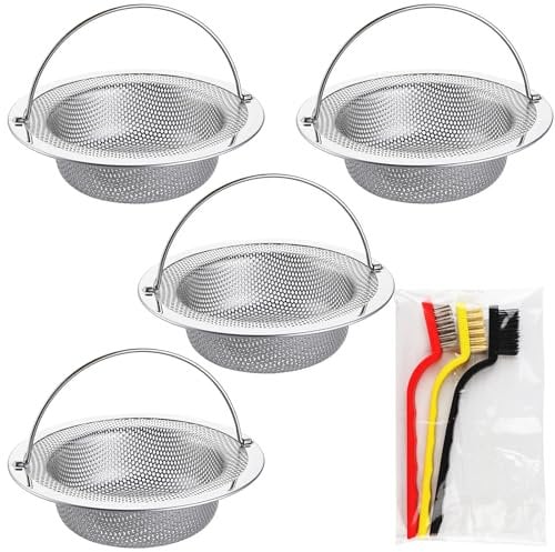 4 Pcs Kitchen Sink Strainer with 3 Brush, Stainless Steel Food Catcher Drain Cover Basket, Shower Drain Cover Inner Diameter 8cm with Handle for Kitchen Food Debris & Bathroom Hair Catcher