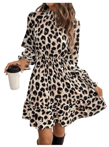 SweatyRocks Blusenkleid Damen Langarm Elegant Kleid Mit Rüschen Leoparden Kleid Midi Langarmkleid Herbst A Linien Kleid Leo L