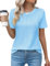 Chicrise Damen Oberteile Sommer Elegant Basic Rundhals T-Shirt Kurzarm Falten Einfarbig Mode Top Himmelblau X Groß 46-48